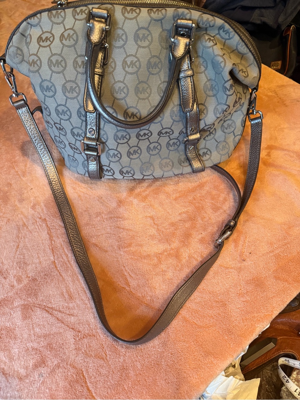 Michael Kors Gray Monogram Satchel with Dark Metallic Trim